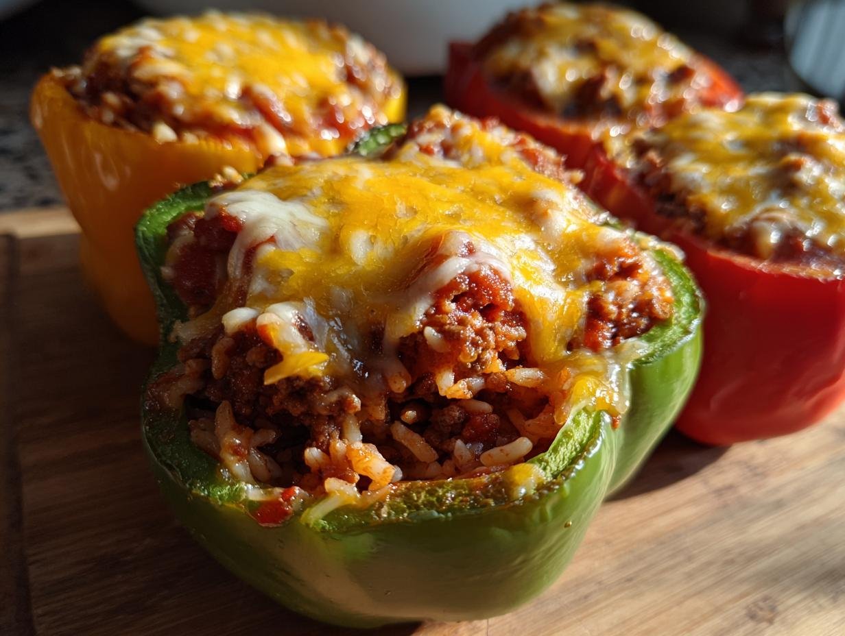 Close-up of a green bell pepper filled with taco meat and rice, topped with melted cheddar and Monterey Jack cheese, part of the Flavorful Taco Stuffed Peppers.