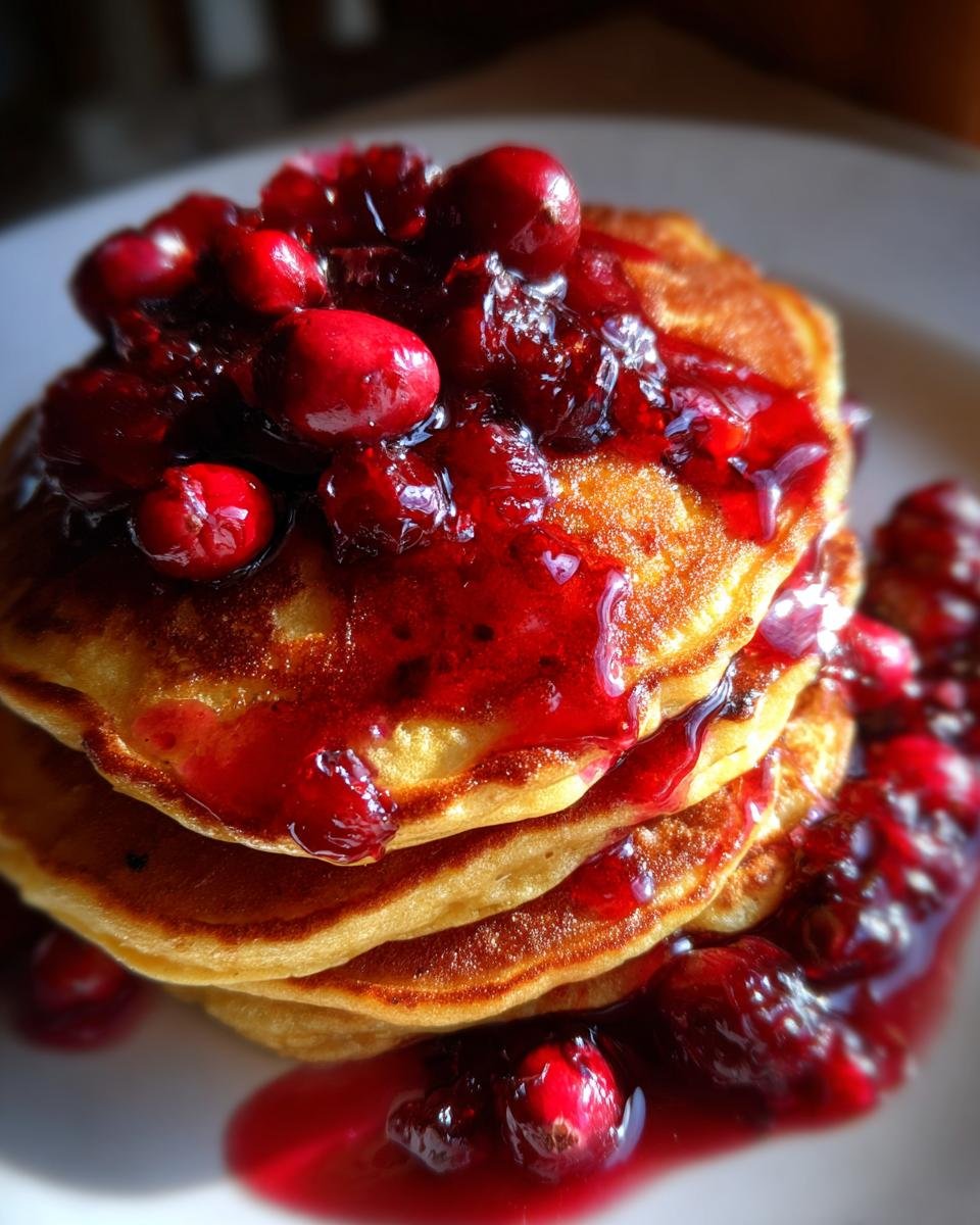 A stack of fluffy Pumpkin Pancakes With Cranberry Maple Syrup, topped generously with whole cranberries.