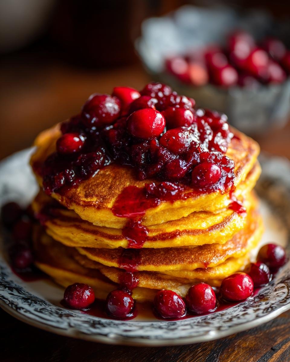 A tall stack of fluffy Pumpkin Pancakes With Cranberry Maple Syrup, topped with whole cranberries.