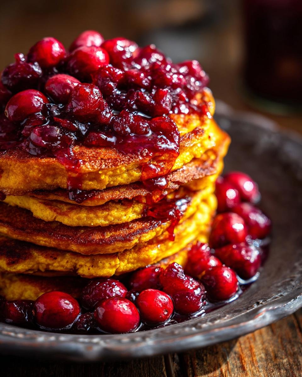 A tall stack of golden Pumpkin Pancakes With Cranberry Maple Syrup, topped and surrounded by bright red cooked cranberries.