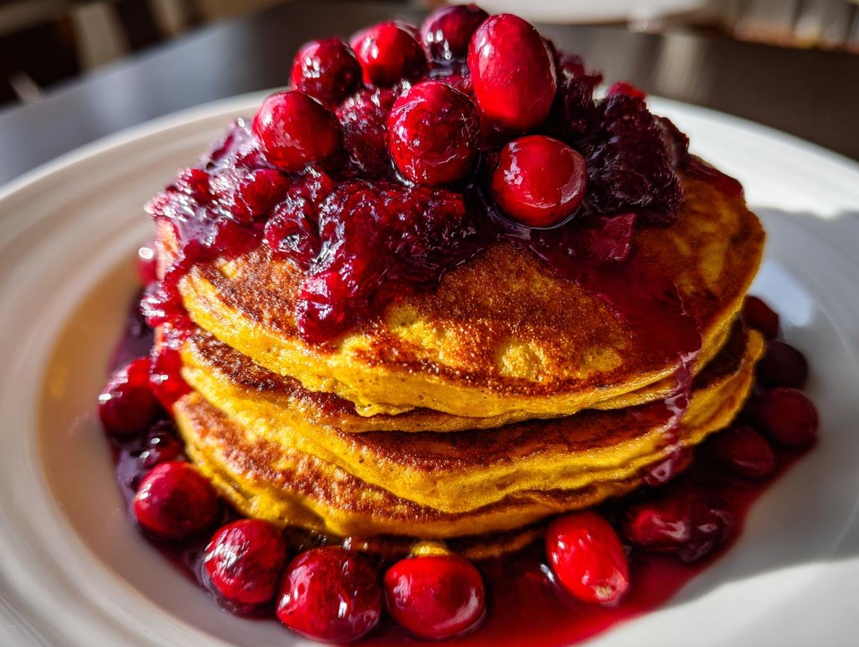 A tall stack of fluffy Pumpkin Pancakes With Cranberry Maple Syrup, topped with whole cranberries.