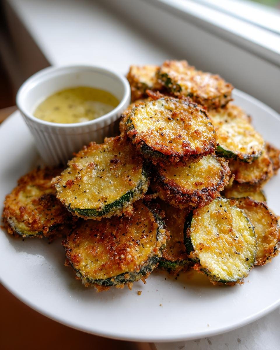 A pile of golden brown Fried Zucchini Chips seasoned with pepper, served with a small ramekin of garlic vinaigrette.
