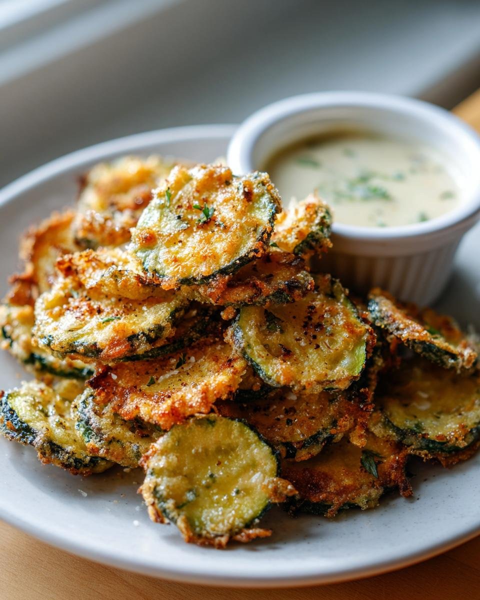 A mound of crispy Fried Zucchini Chips seasoned with herbs, served next to a small ramekin of garlic vinaigrette.