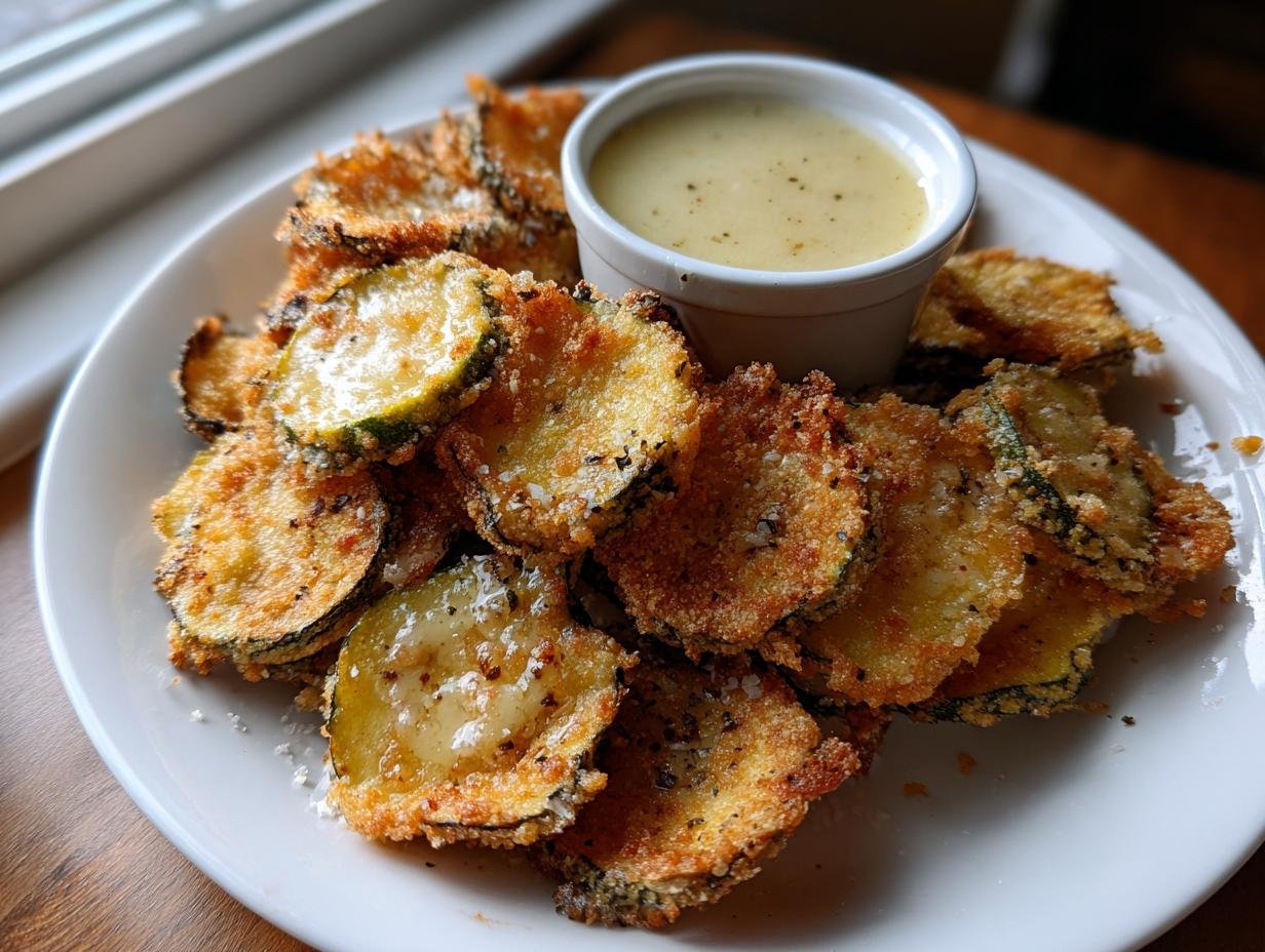 A plate piled high with golden brown Fried Zucchini Chips served with a small cup of creamy garlic vinaigrette.