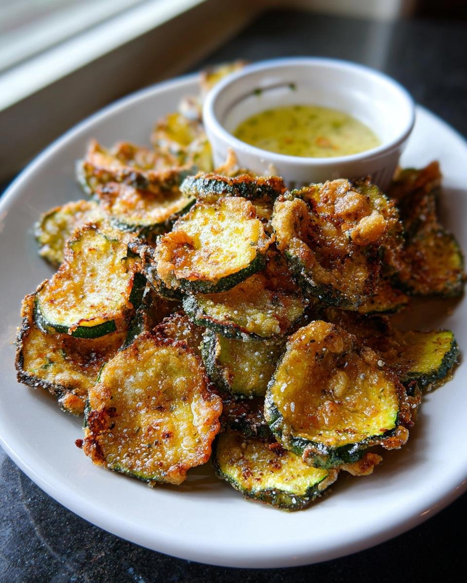 A plate piled high with golden brown Fried Zucchini Chips served with a small bowl of garlic vinaigrette.