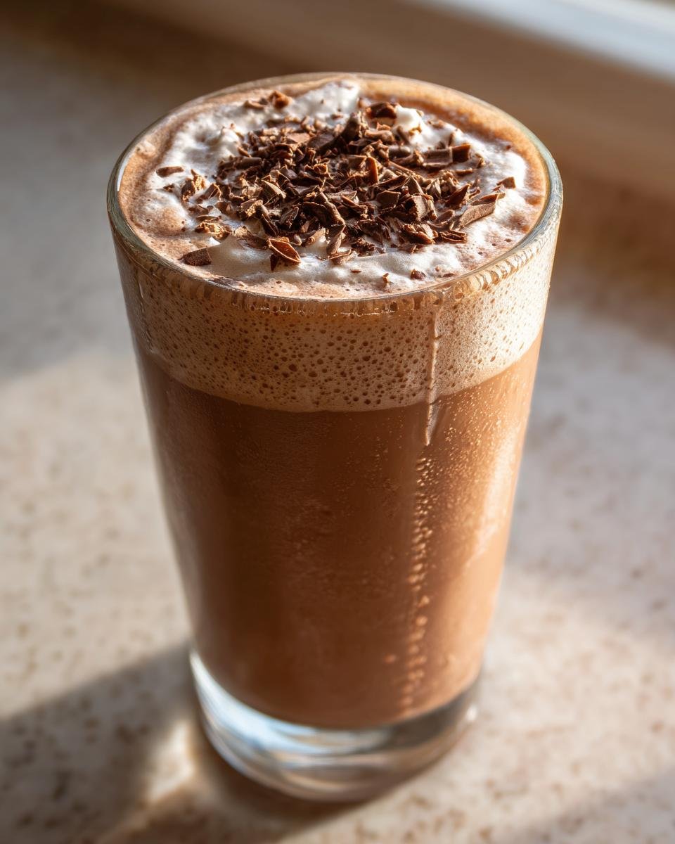 A tall glass filled with a rich, frothy Frozen Chocolate Brandy Alexander, topped with whipped cream and dark chocolate shavings.