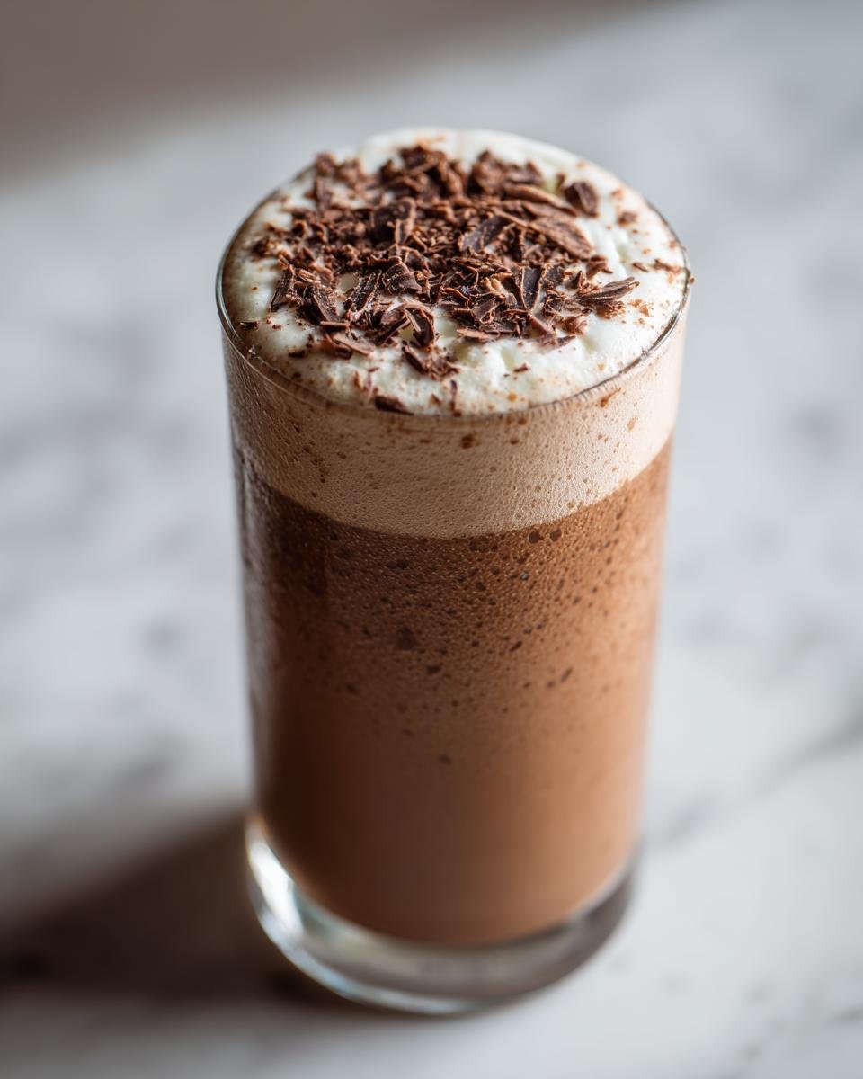 A tall glass of creamy Frozen Chocolate Brandy Alexander topped with whipped cream and dark chocolate shavings.