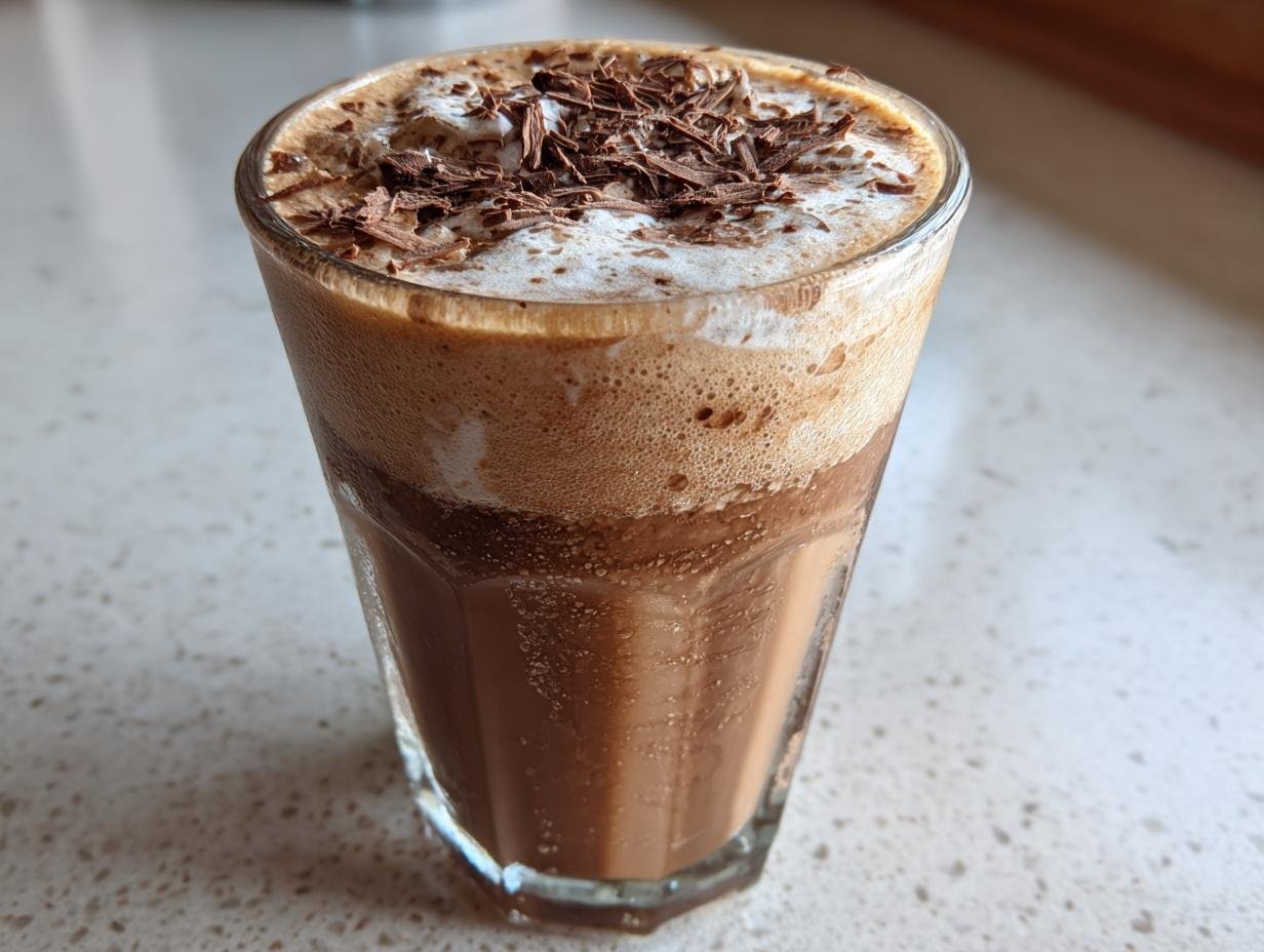 A tall glass filled with a creamy, frothy Frozen Chocolate Brandy Alexander, topped with chocolate shavings.