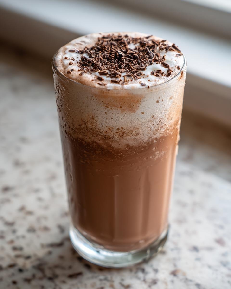 A tall glass filled with a creamy Frozen Chocolate Brandy Alexander topped with whipped cream and chocolate shavings.