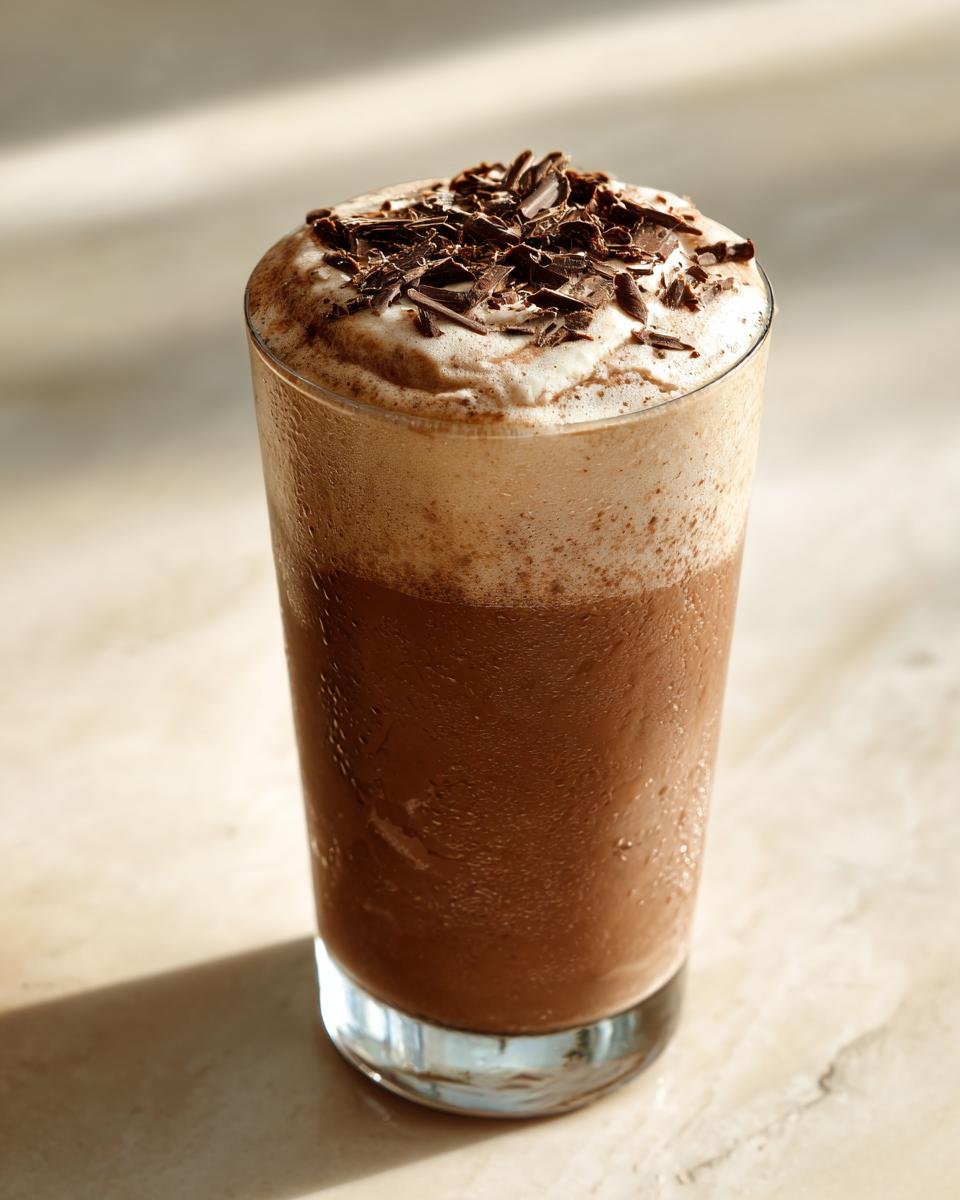 A tall glass filled with a creamy, frosty Frozen Chocolate Brandy Alexander, topped with whipped cream and chocolate shavings.