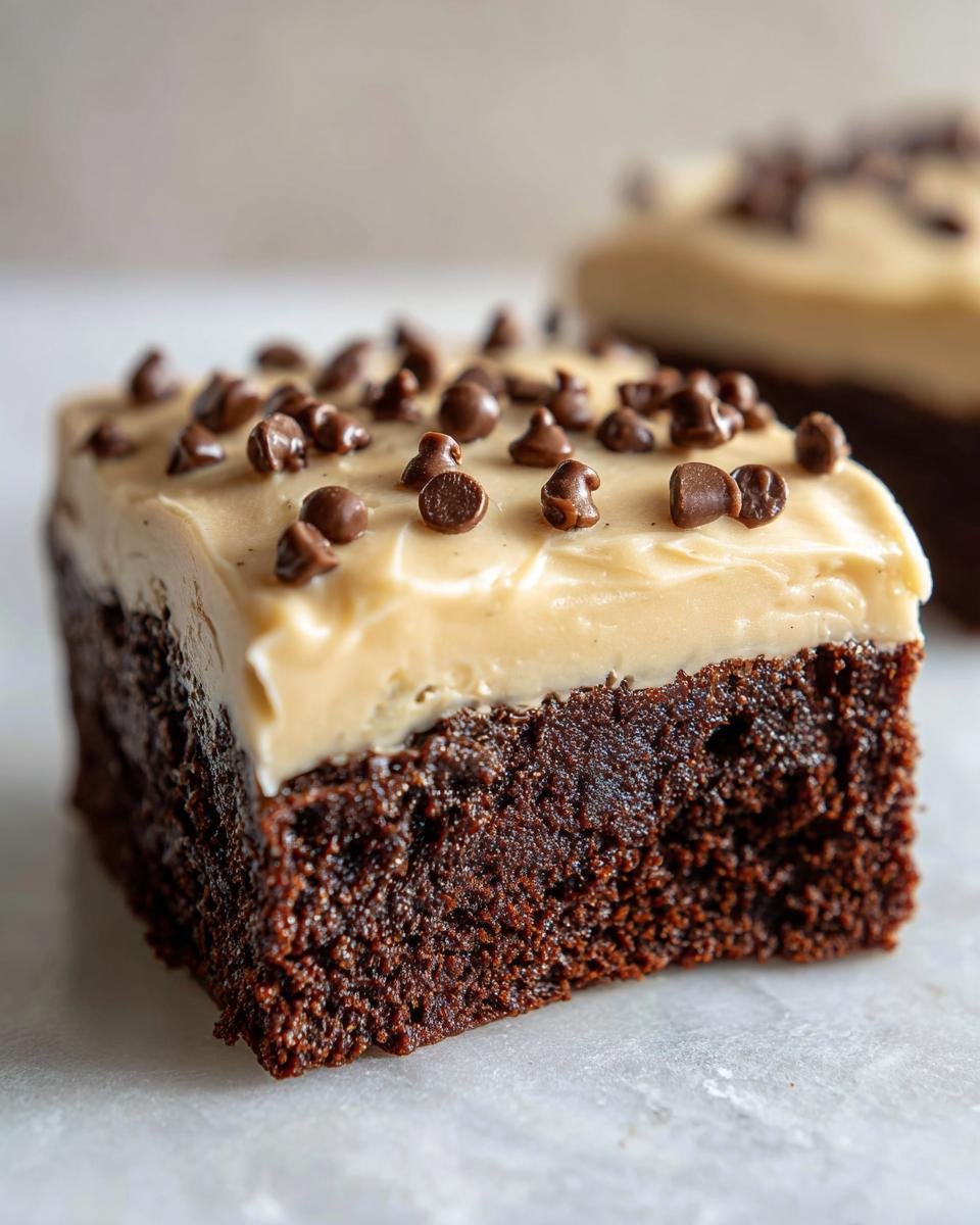 A close-up of a rich, fudgy brownie square topped with thick Baileys buttercream frosting and mini chocolate chips.