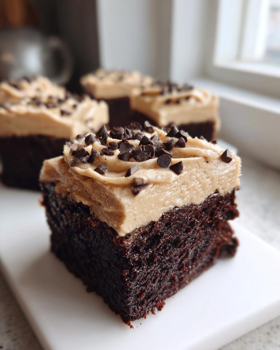 Close-up of a rich, dark Fudge Brownies With Baileys Buttercream Frosting topped with mini chocolate chips.
