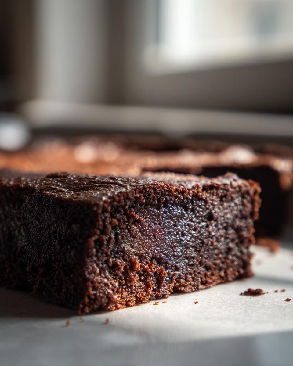 Close-up of a rich, dark, fudgy piece from the Irresistible Easy Red Bean Brownies Recipe.