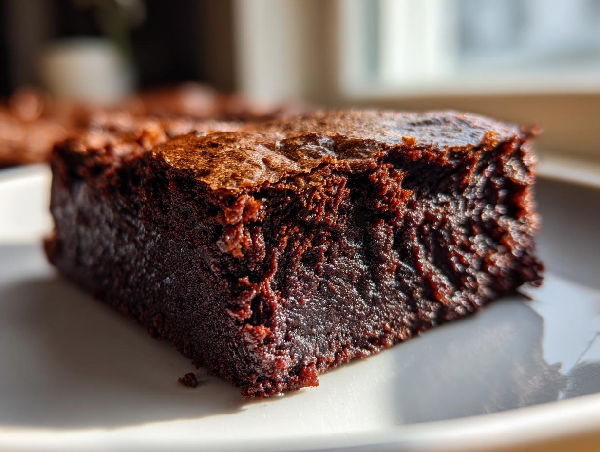 Close-up of a rich, dark, fudgy slice of Irresistible Easy Red Bean Brownies Recipe.