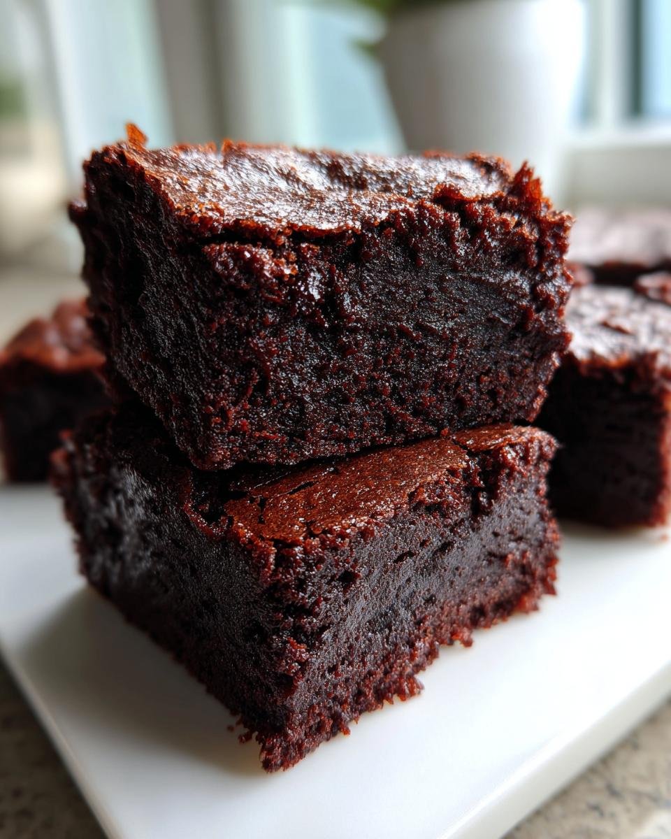 Two fudgy Red Bean Brownies stacked on a white plate, showing their dense, rich chocolate texture.
