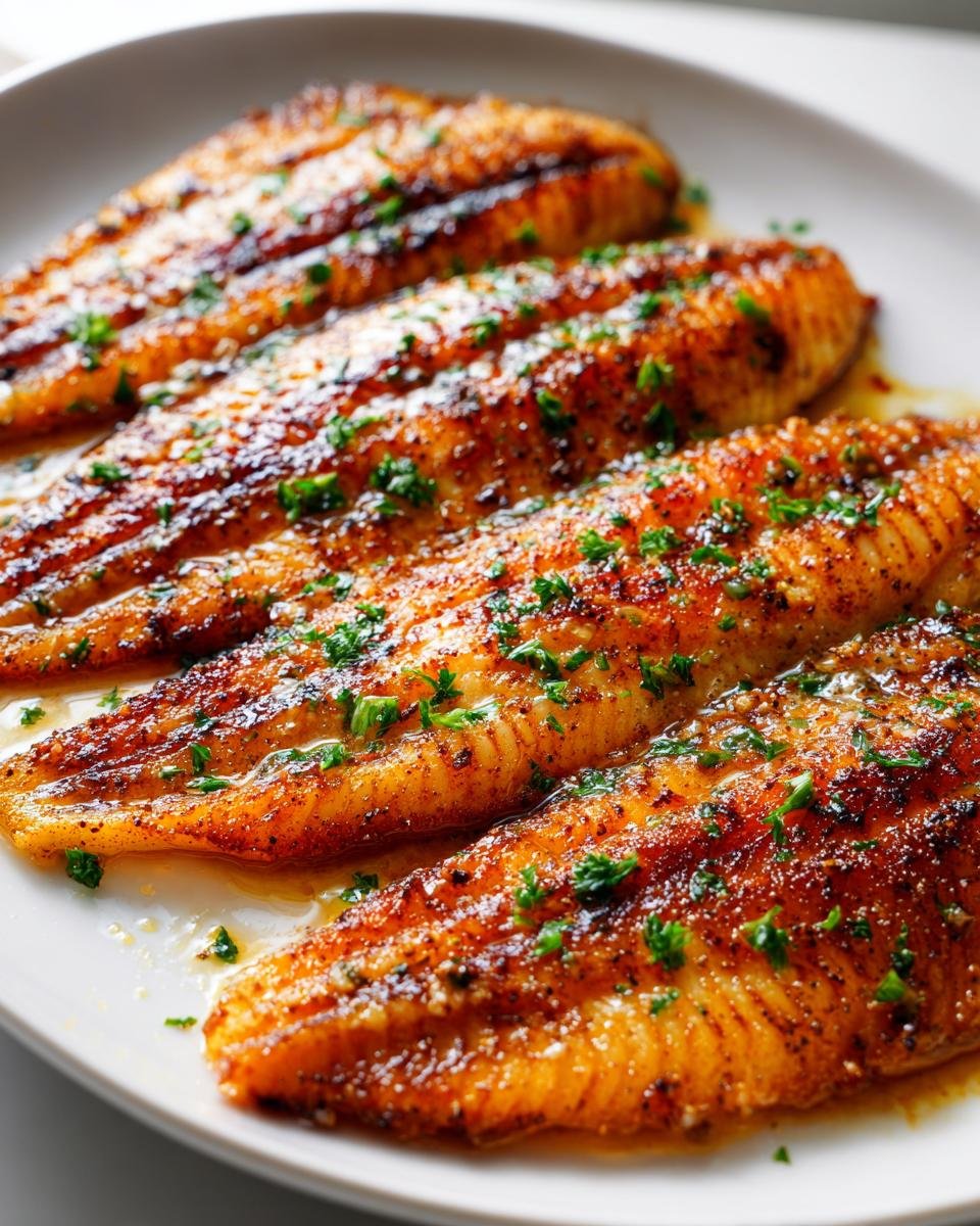 Four fillets of golden brown Garlic Butter Oven Baked Tilapia garnished with fresh parsley on a white plate.