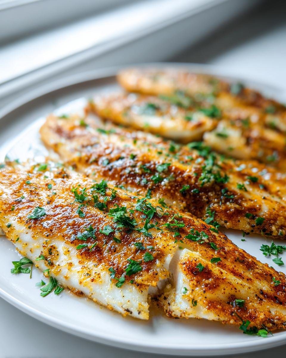 Close-up of perfectly cooked Garlic Butter Oven Baked Tilapia fillets garnished with fresh parsley on a white plate.