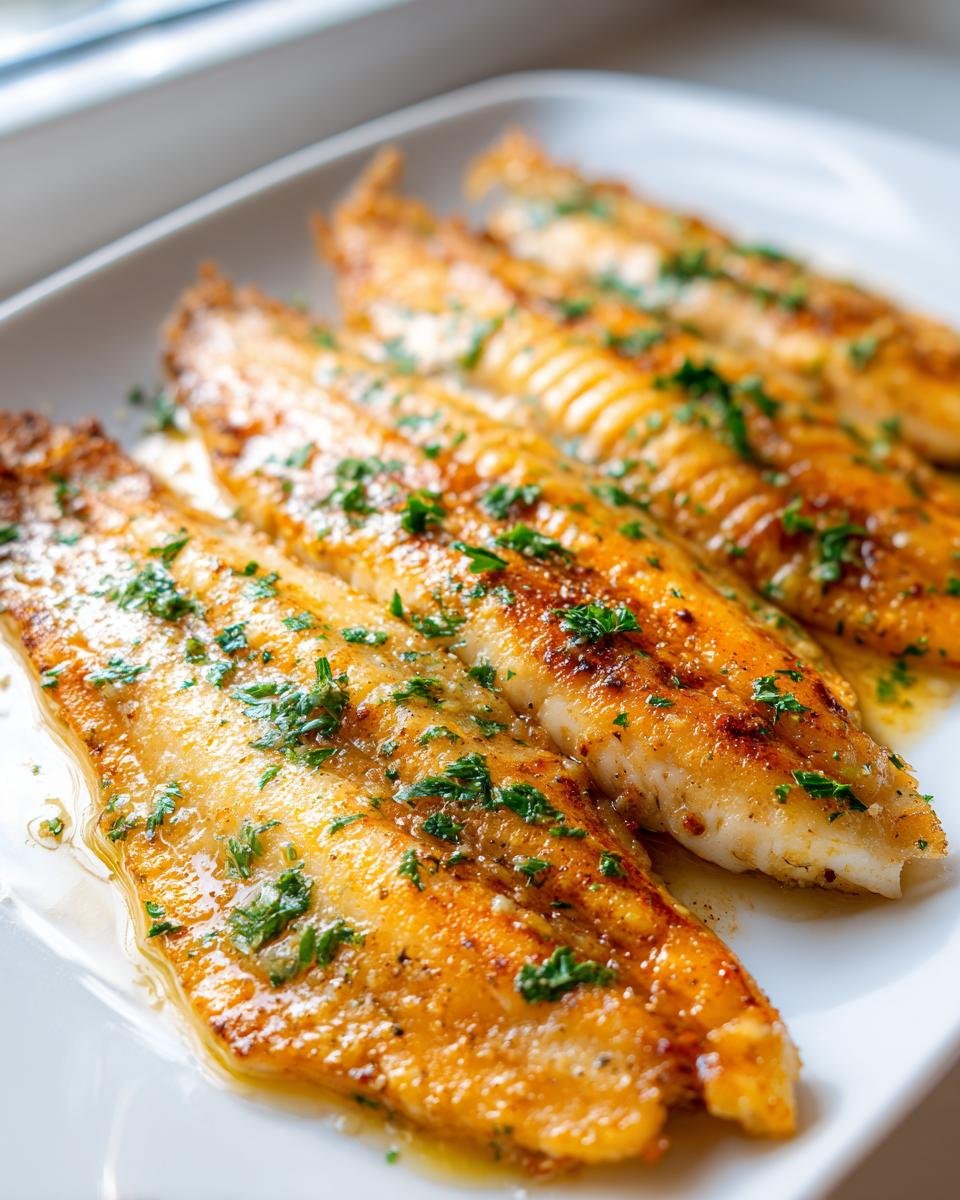 Four fillets of Garlic Butter Oven Baked Tilapia glistening with butter sauce and topped with fresh parsley