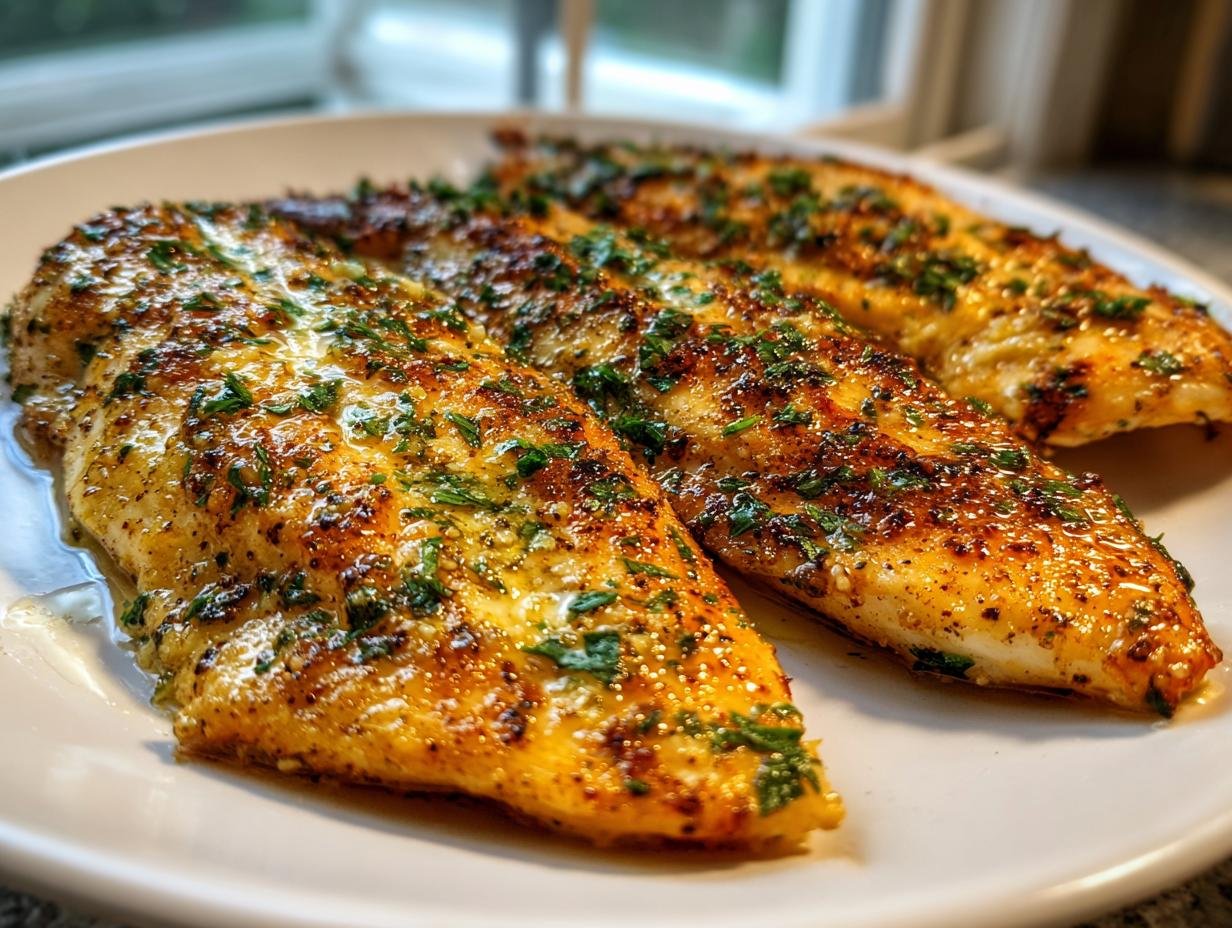 Three golden-brown Garlic Butter Oven Baked Tilapia fillets seasoned with herbs on a white plate.