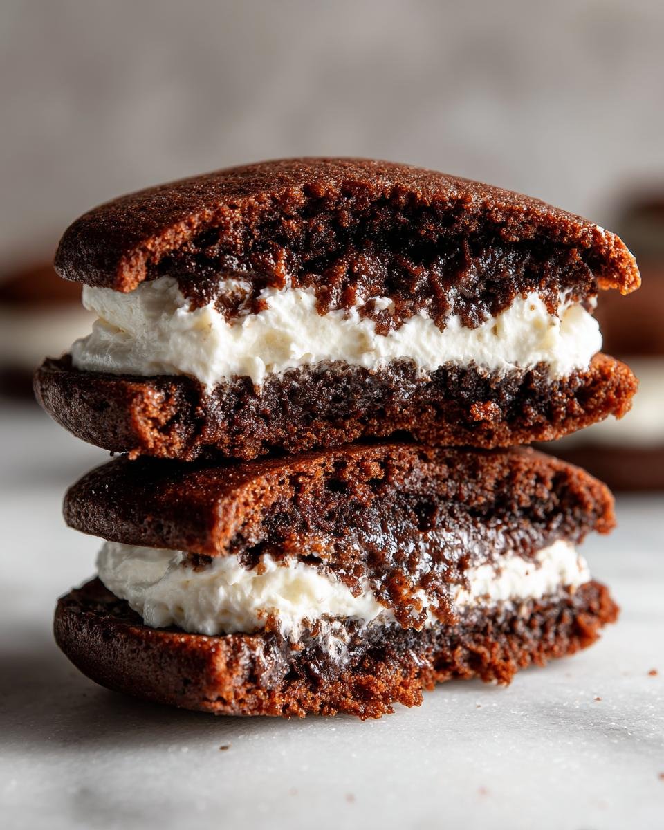 Close-up of two stacked Gingerbread Whoopie Pies cut in half, showing the dark cake and thick vanilla buttercream filling.