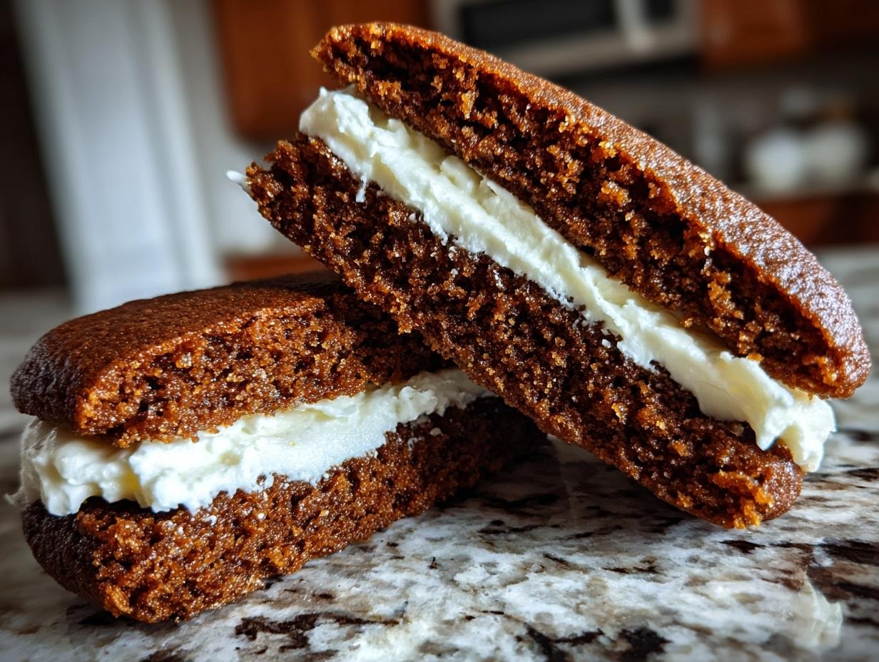 Two halves of a Gingerbread Whoopie Pie with thick vanilla buttercream filling, resting on a granite counter.