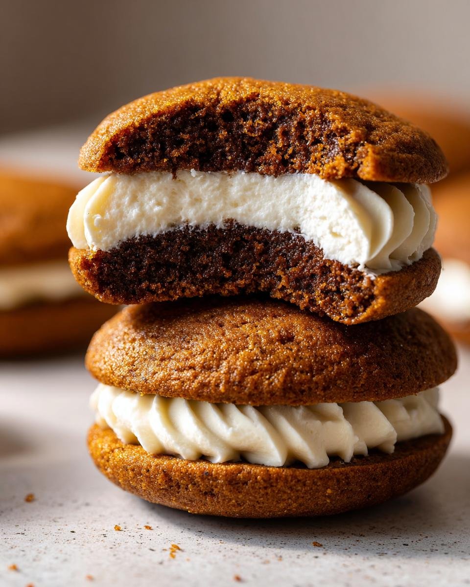 Two stacked Gingerbread Whoopie Pies filled generously with creamy white vanilla buttercream frosting.
