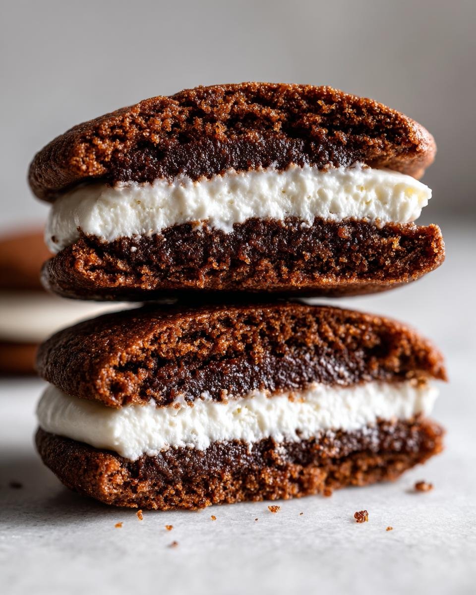 Two halves of Gingerbread Whoopie Pies stacked, showing the rich dark cake and thick vanilla buttercream filling.