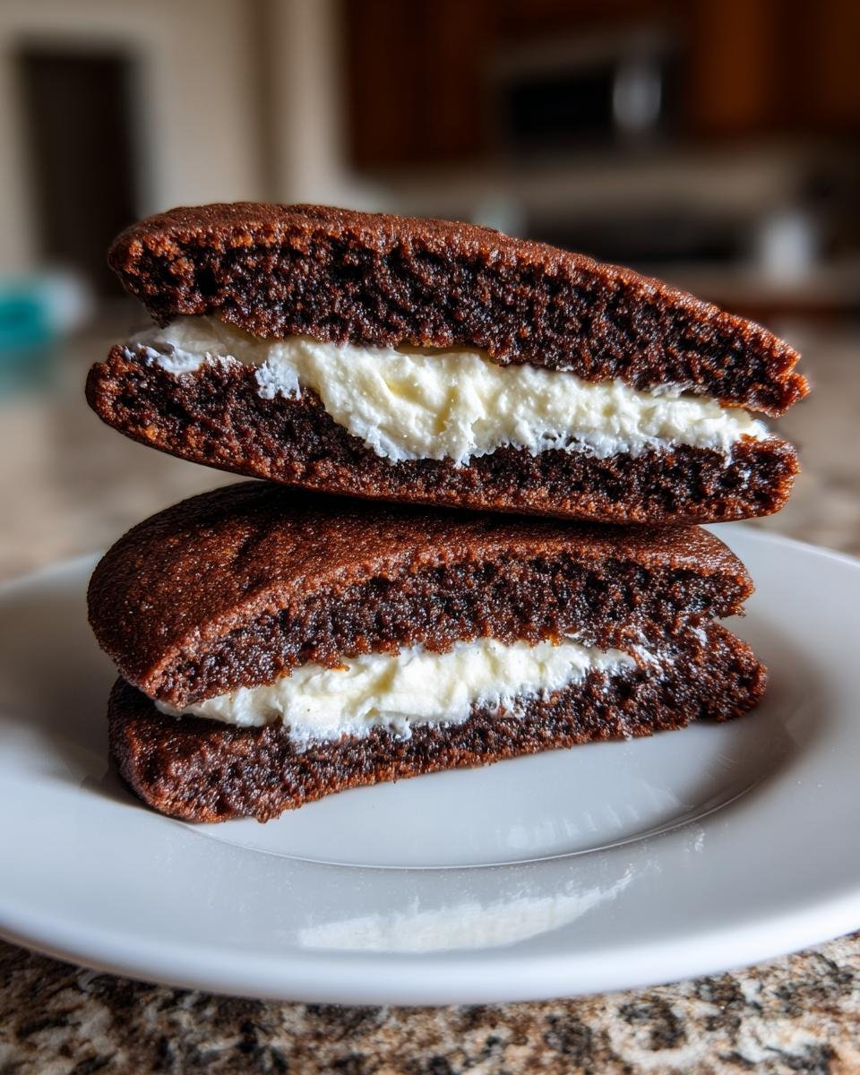 Close-up of two halves of Gingerbread Whoopie Pies stacked, showing the rich dark cake and thick vanilla buttercream filling.
