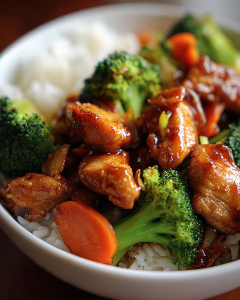 A close-up of glossy, saucy Chicken Stir Fry pieces mixed with bright green broccoli and orange carrots served over white rice.