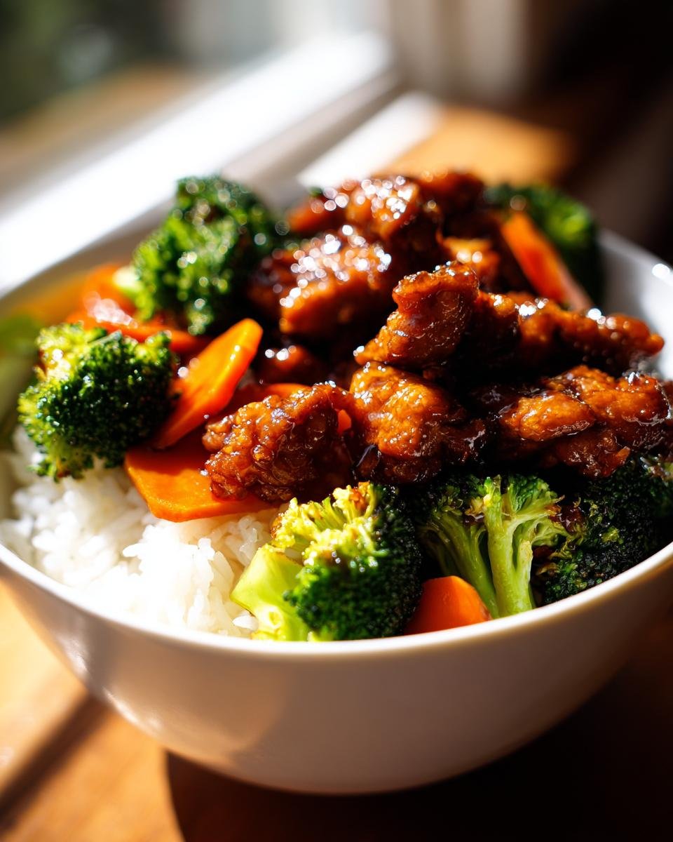 A close-up of a bowl containing white rice topped with glazed chicken pieces, bright green broccoli, and sliced carrots from a Chicken Stir Fry.