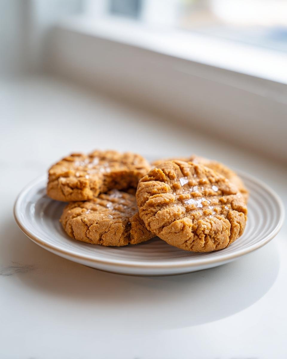 Three delicious Salted Peanut Butter Cookies Gluten Free with a crisscross pattern and flaky sea salt on a small white plate.