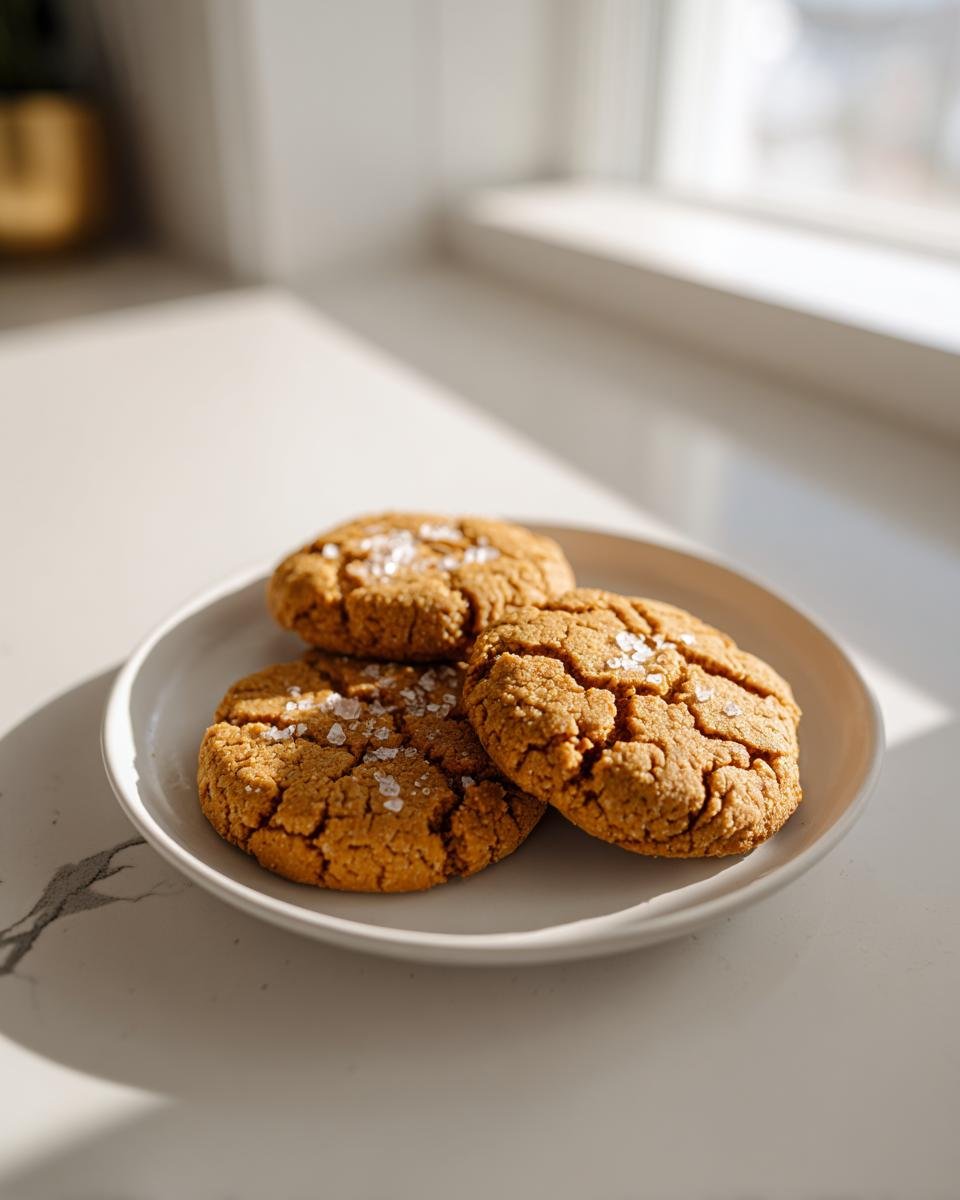 Three golden brown Salted Peanut Butter Cookies Gluten Free stacked on a small white plate, topped with flaky sea salt.