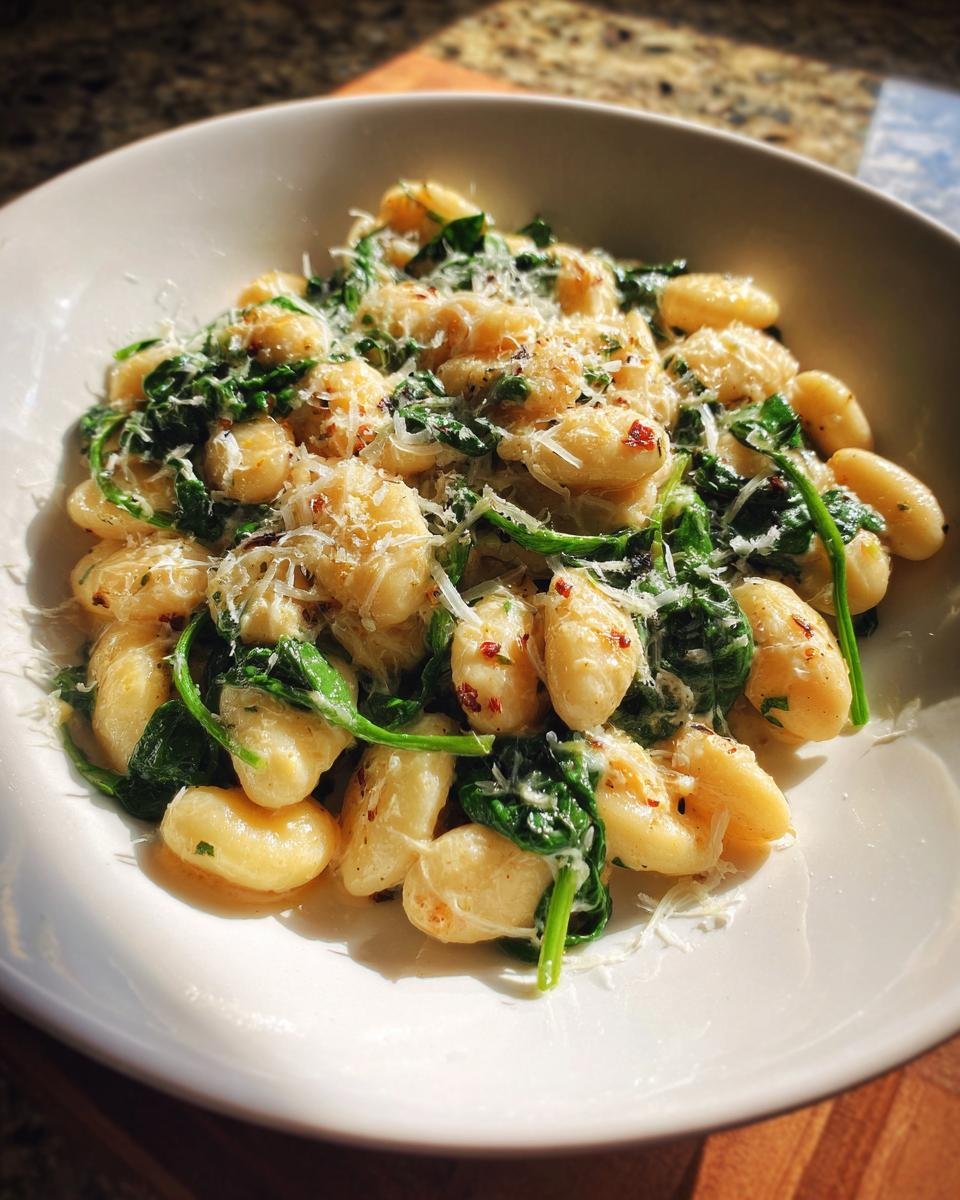 A white bowl filled with gnocchi tossed with wilted spinach, red pepper flakes, and grated Parmesan cheese.