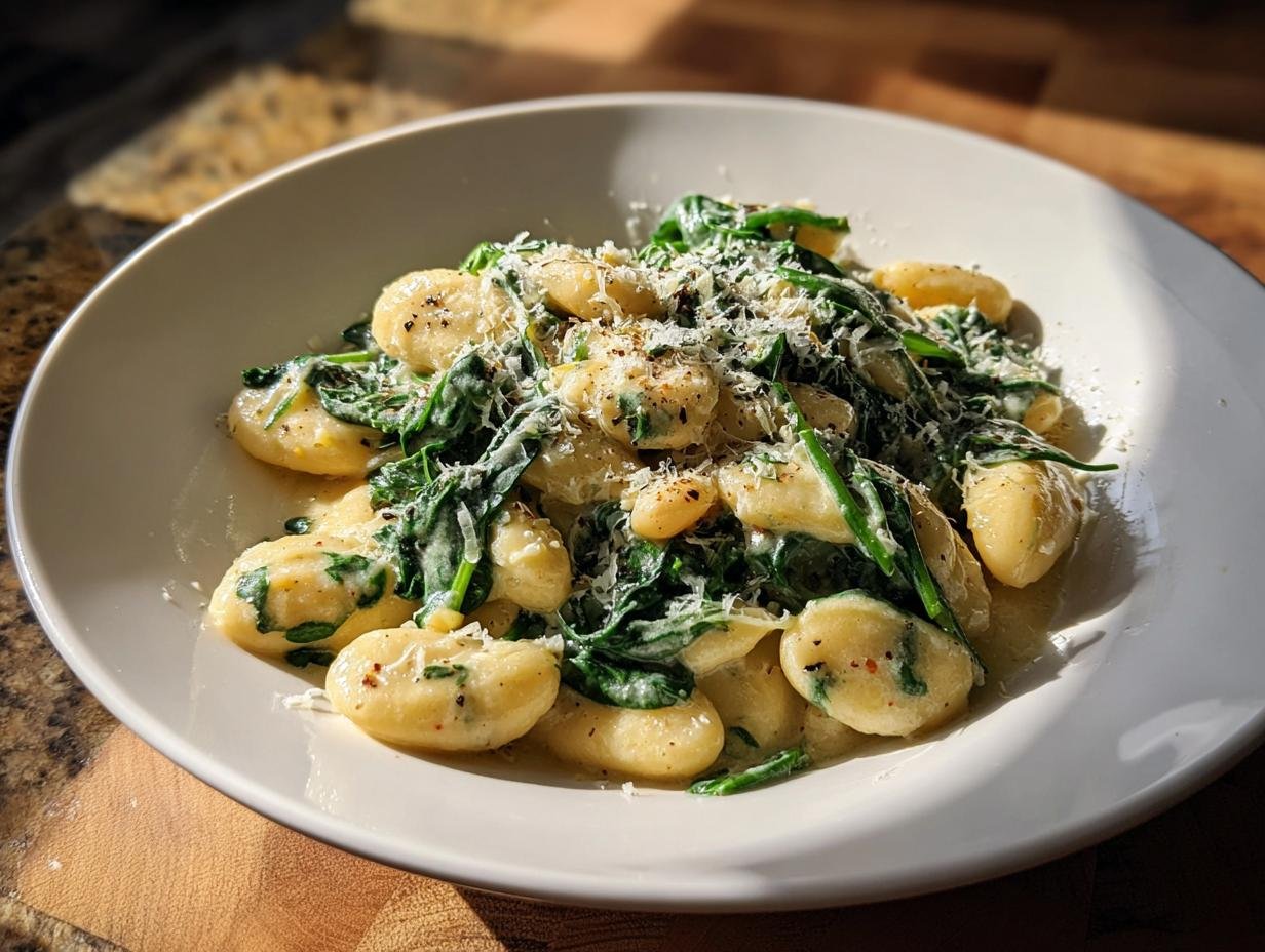 A bowl of gnocchi tossed with wilted spinach and topped with grated Parmesan cheese, similar to Tuscan Marry Me Butter Beans.
