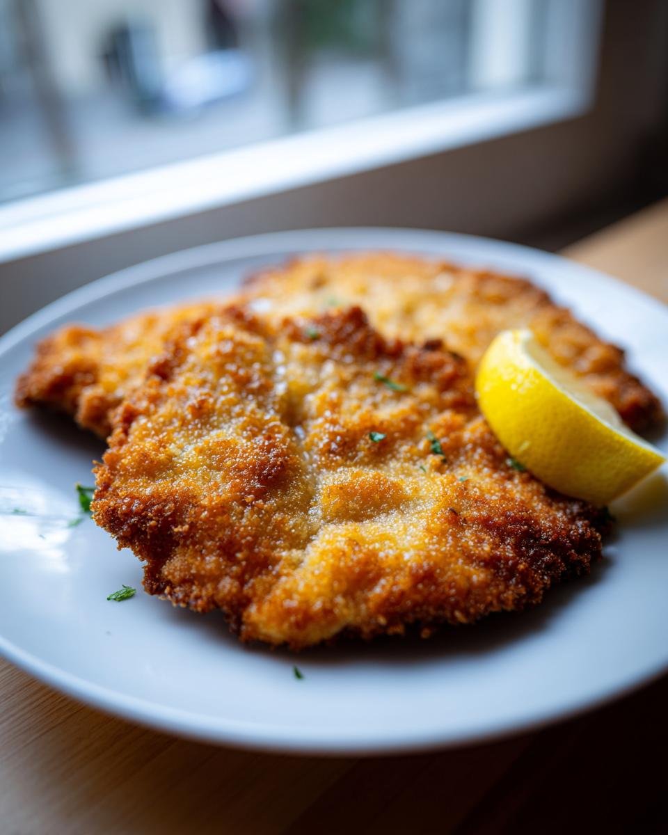 Close-up of crispy, golden brown Chicken Milanese served on a white plate with a fresh lemon wedge.