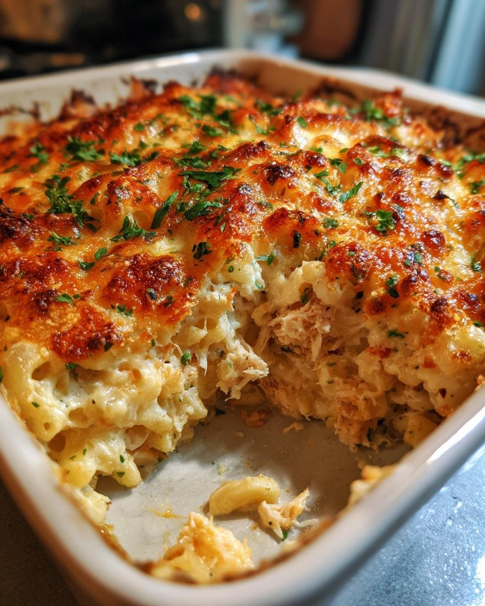 Close-up of a bubbling Chicken Pasta Bake with a golden, cheesy crust and a scoop removed showing shredded chicken.