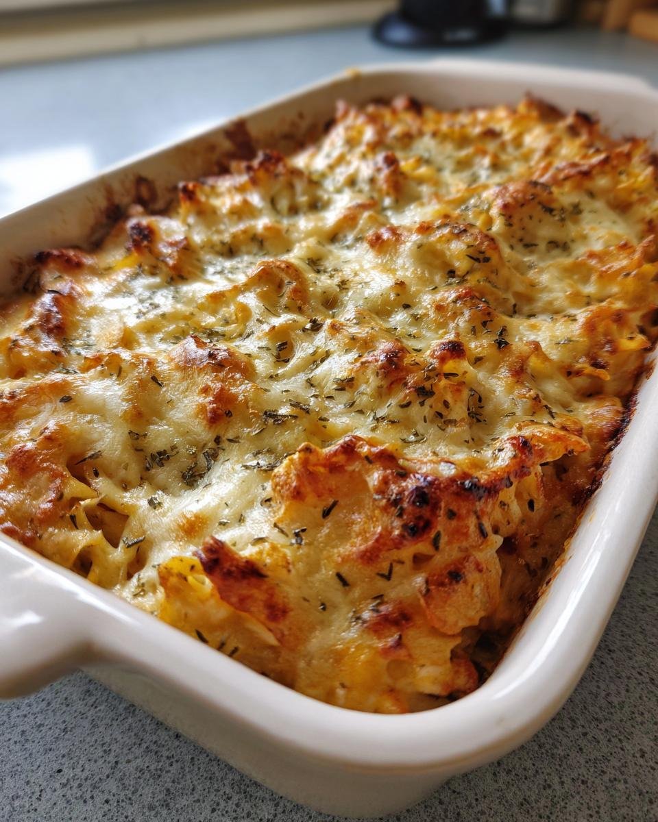 Close-up of a bubbly, golden-brown Chicken Pasta Bake topped with melted cheese and herbs in a white rectangular dish.