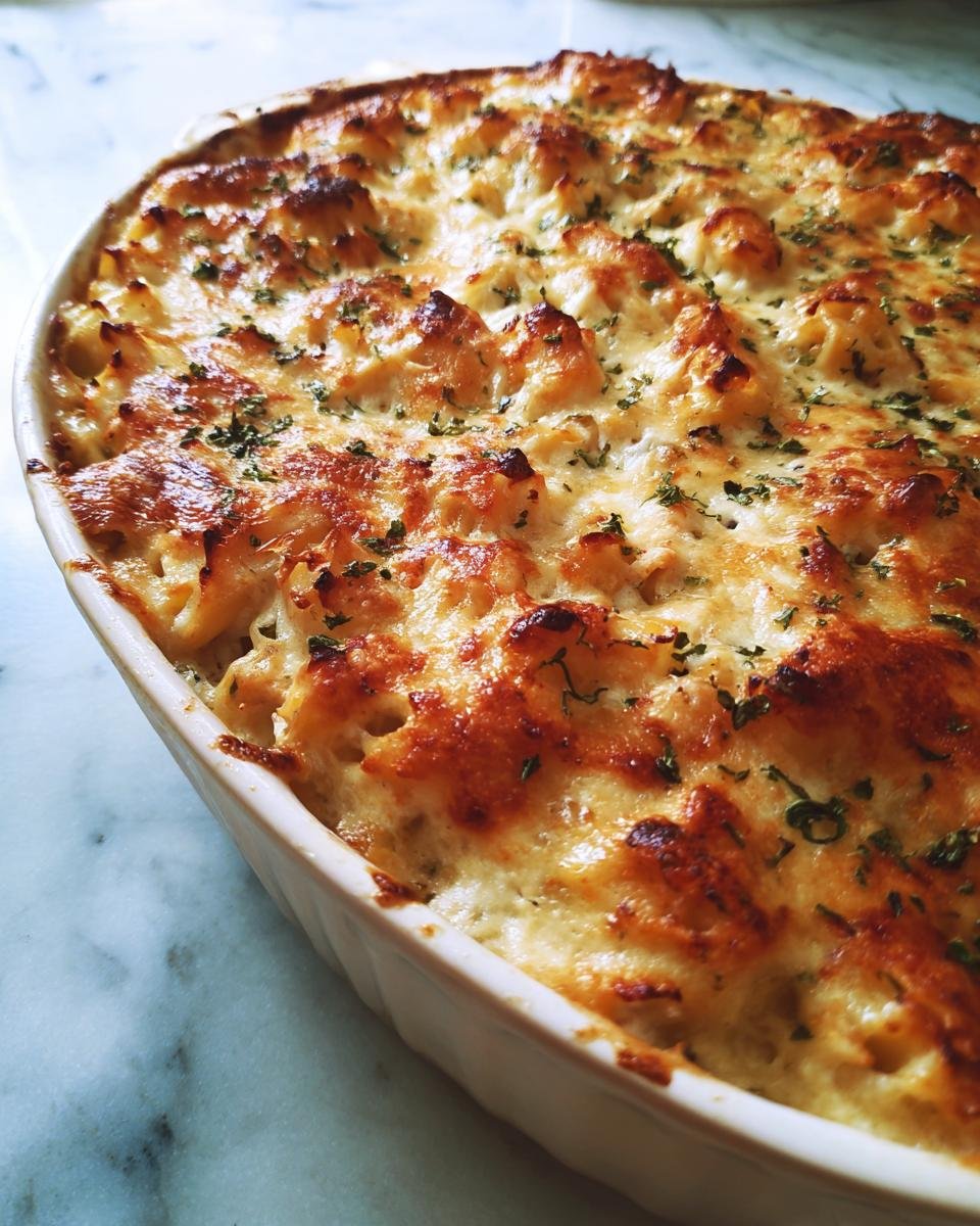 Close-up of a bubbling, golden brown Chicken Pasta Bake topped with melted cheese and parsley.
