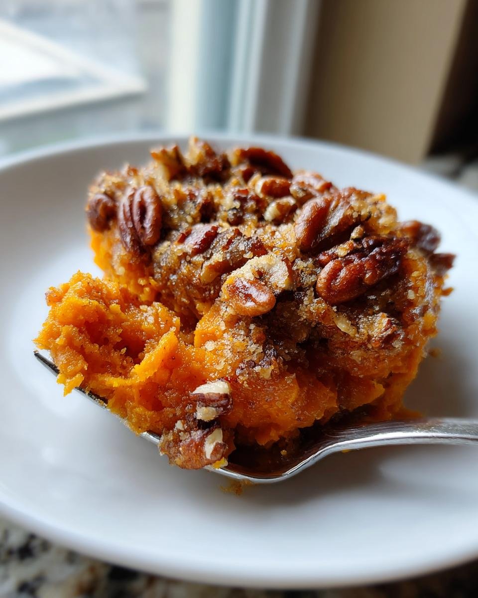 A spoonful of creamy, golden sweet potato casserole topped with crunchy pecans being lifted from a white plate.