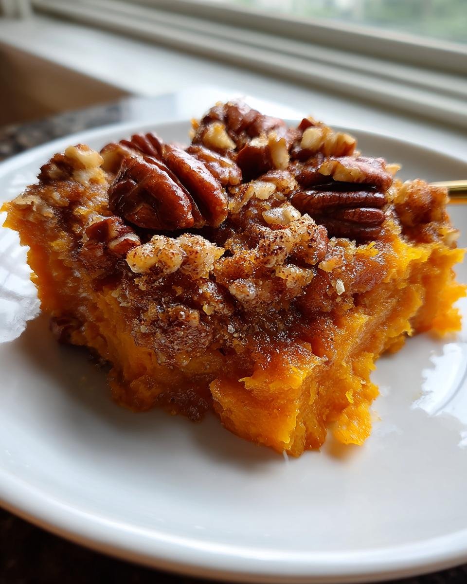 Close-up of a serving of Irresistible Golden Sweet Potato Casserole topped with brown sugar crumble and whole pecans.