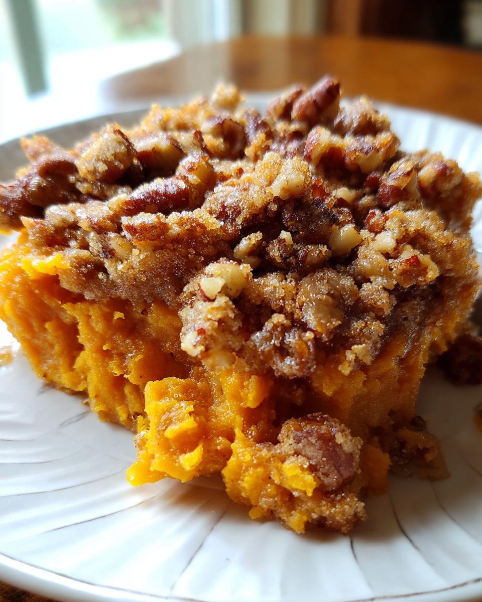 Close-up of a scoop of Irresistible Golden Sweet Potato Casserole topped with a crunchy pecan streusel.