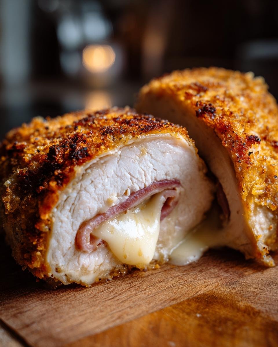 Close-up of a Grilled Chicken Cordon Bleu cut in half, showing melted cheese and ham filling oozing out.