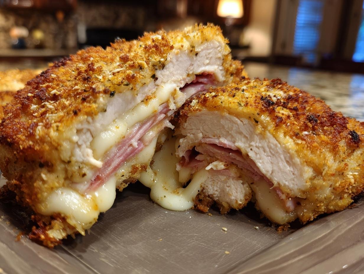 Close-up of Grilled Chicken Cordon Bleu cut in half showing melted cheese and ham stuffing.