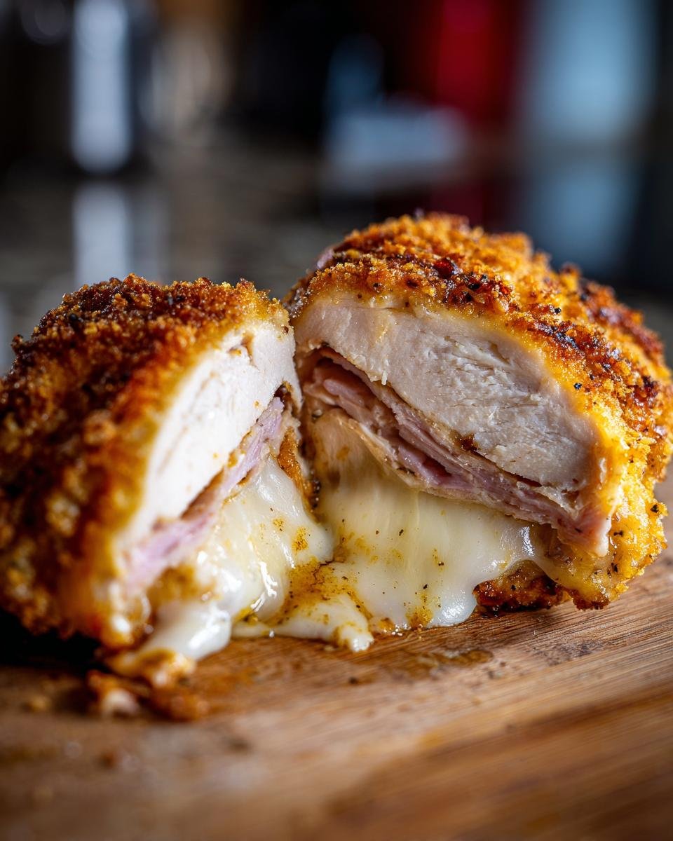 A cross-section of Grilled Chicken Cordon Bleu showing melted cheese oozing out, with ham and crispy breading.