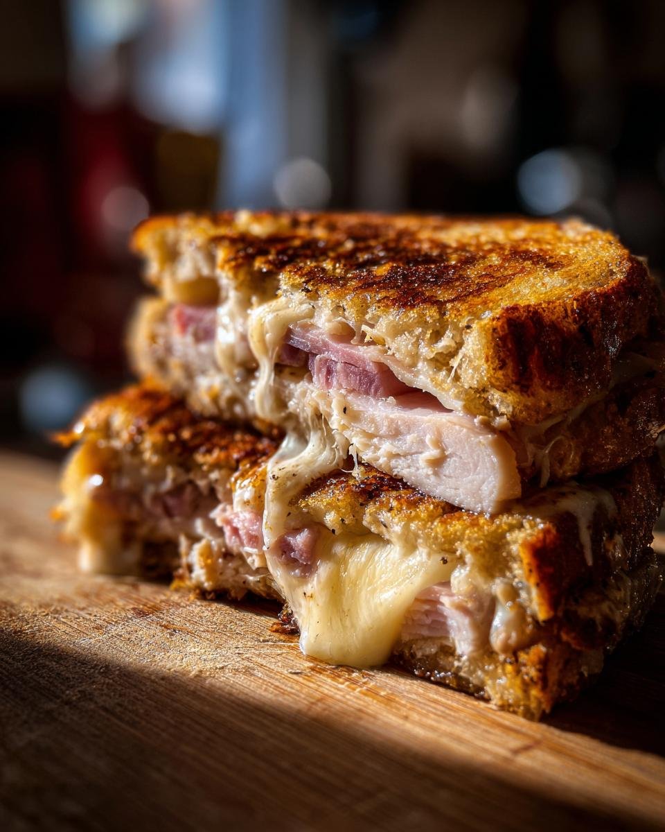 Close-up of a Grilled Chicken Cordon Bleu sandwich cut in half, showing melted cheese oozing out with chicken and ham layers.
