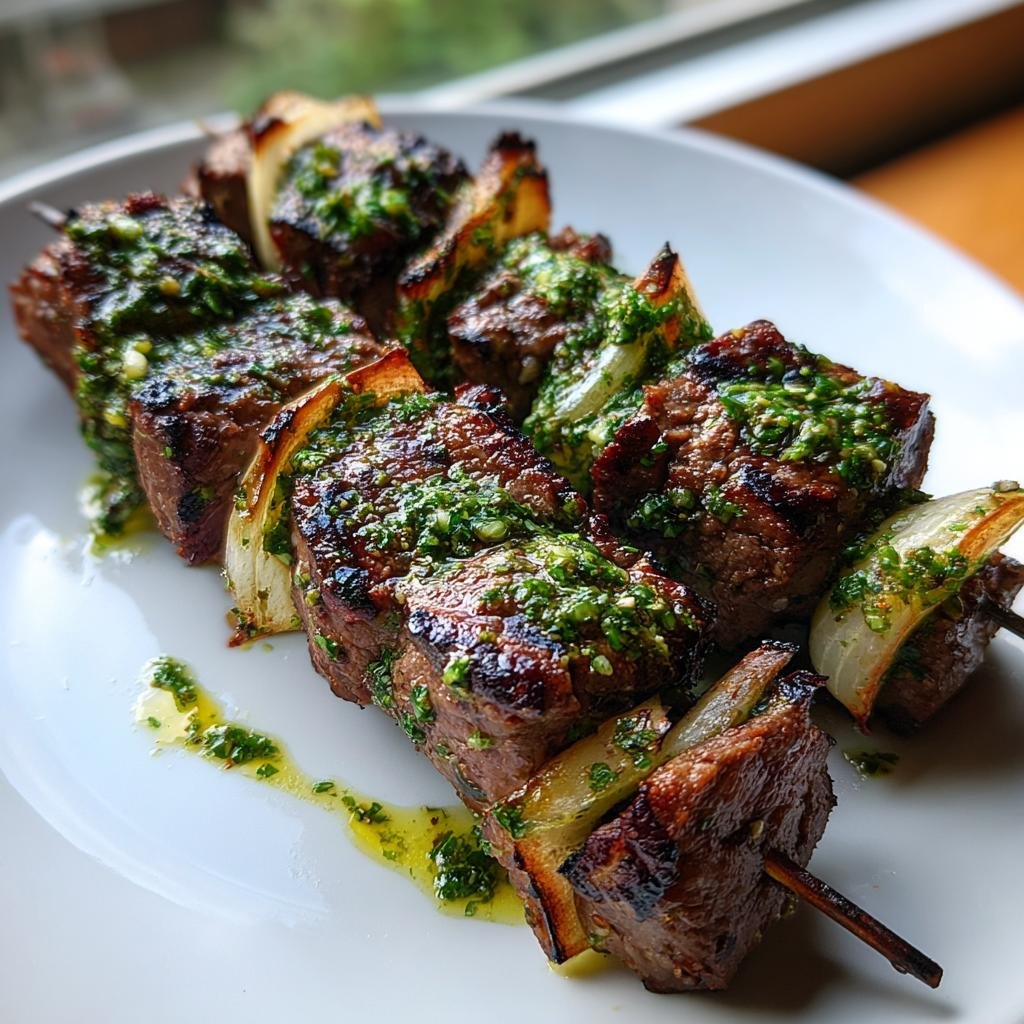 Close-up of perfectly grilled Grilled Chimichurri Beef Kebabs, topped with vibrant green sauce, resting on a white plate.