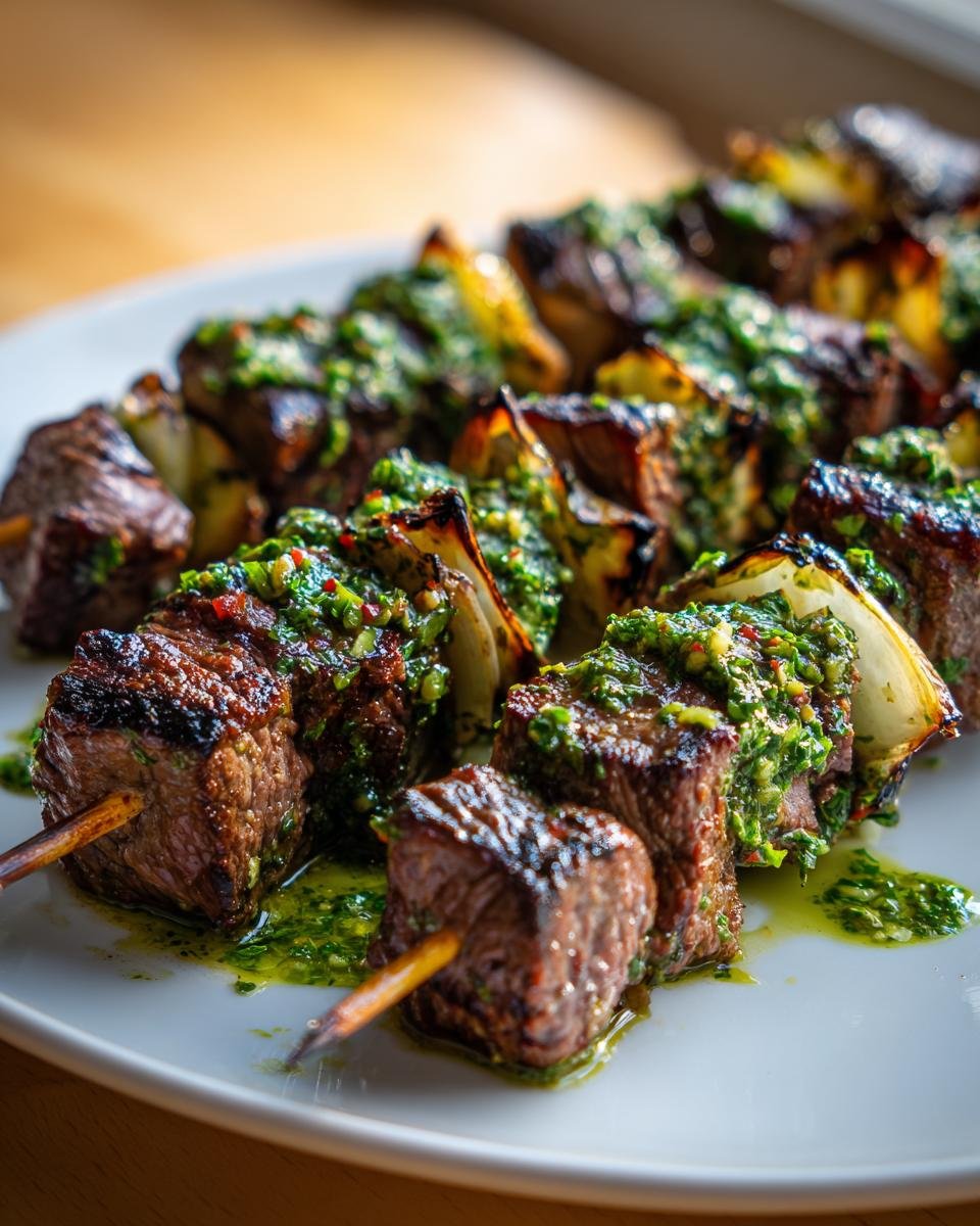 Close-up of perfectly grilled Grilled Chimichurri Beef Kebabs skewered with onions, drizzled generously with bright green chimichurri sauce.