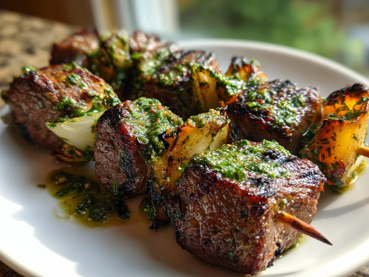 Close-up of perfectly grilled chunks of beef and onion on a skewer, generously topped with vibrant green chimichurri sauce, making amazing Grilled Chimichurri Beef Kebabs.