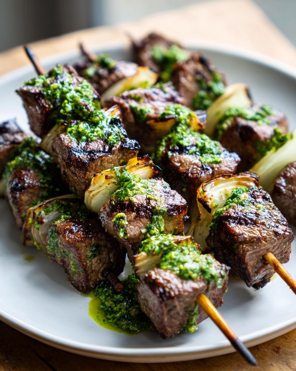 Close-up of Grilled Chimichurri Beef Kebabs drizzled with bright green sauce and interspersed with grilled onion pieces.