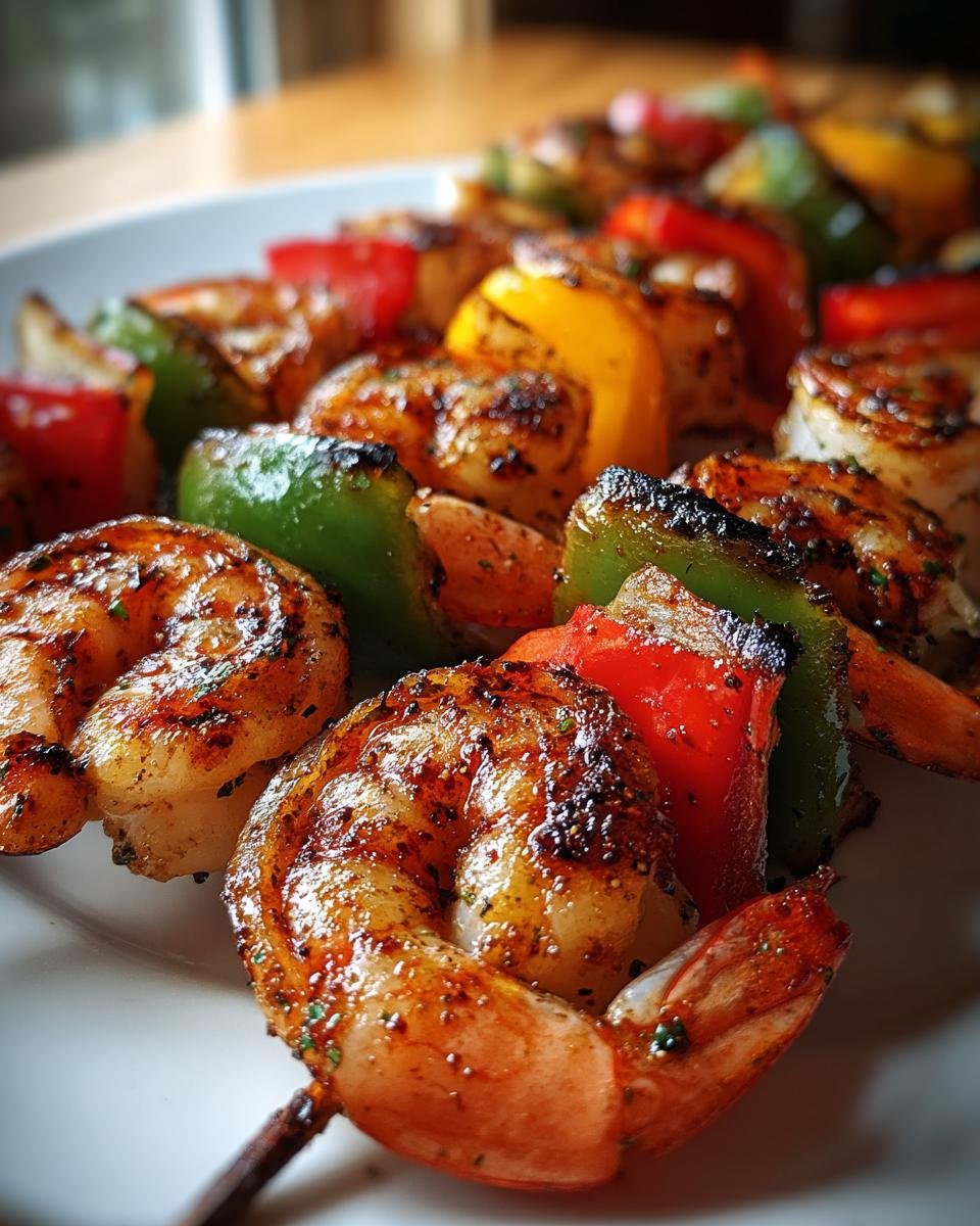 Close-up of perfectly seasoned and grilled shrimp kabobs featuring shrimp and colorful bell peppers.
